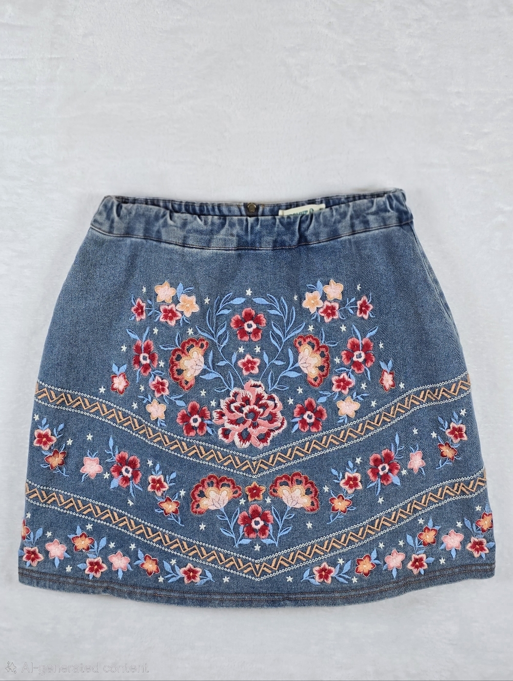 Rockin C Floral Embroidered Denim Mini Skirt Cowgirl Romance Sz S Hippie Boho - Picture 7 of 13